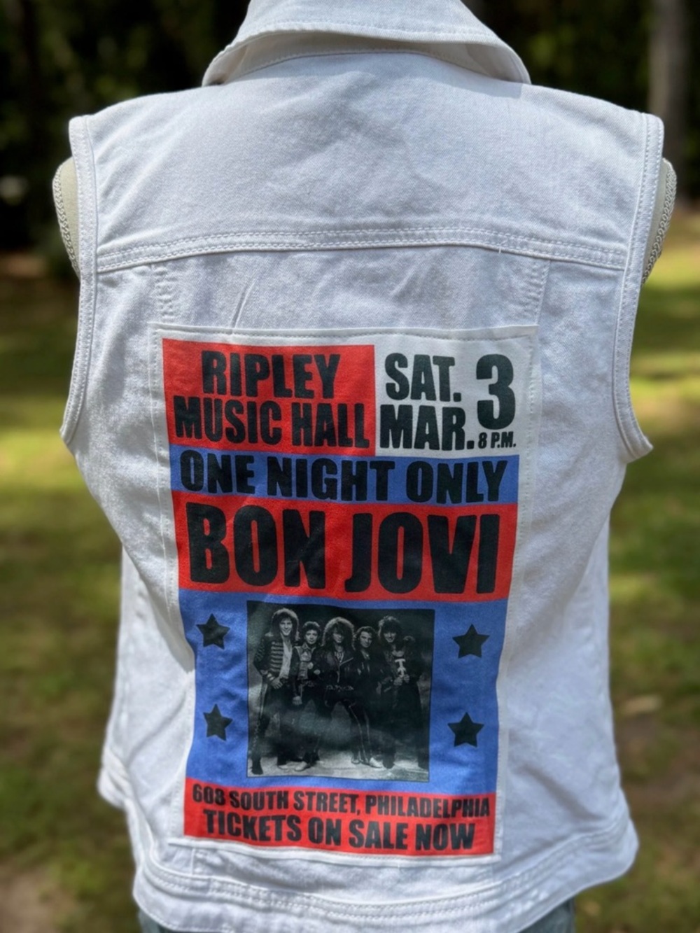 Upcycled White Denim Vest with Red & Blue Bon Jovi Poster Print